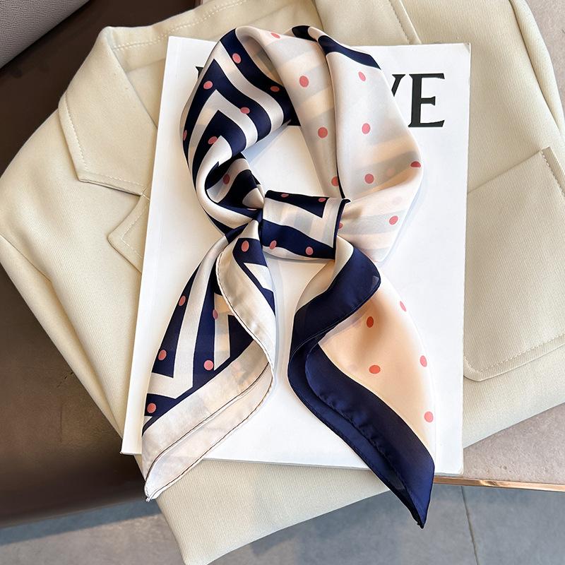 Spring/Summer Wavy Striped Polka Dot Square Scarf Satin Thin Breathable Neck Scarf Elegant Style Sunscreen Headscarf For Women