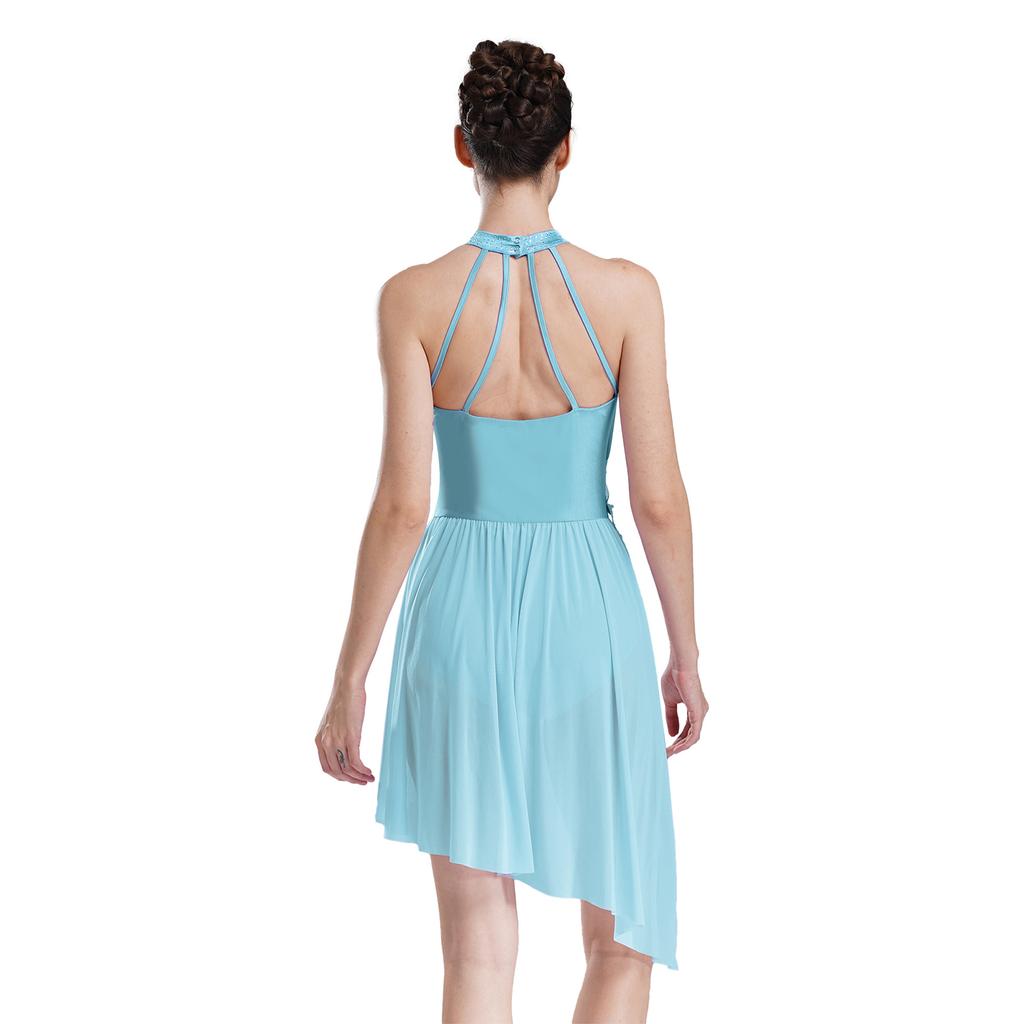 Женский купальник для выступлений, платье с халтером, бретельки на спине, асимметричный подол, блестящие стразы, костюм для сцены и соревнований