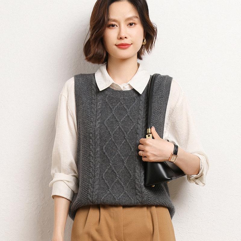 Кардиган-жилет жаккардовой вязки с круглым вырезом для женщин на осень и зиму. Новый свободный и универсальный вязаный жилет без рукавов. Теплый топ.