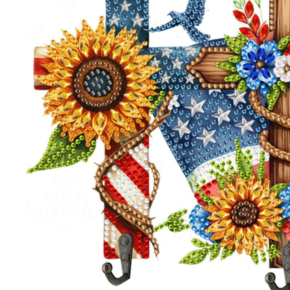 Wooden Flag & Flower Diamond Art Hanging Hooks Rhinestone Painting Coat Hook 3 Hooks Diamond Painting Hook Rail DIY Crafts Decor