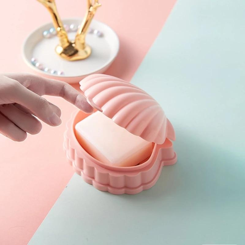 1Pcs PP Plastic Shell Shaped Soap Box with Lid Draining Non-slip Soap Holder Case Soap Dish Kitchen Bathroom Accessories