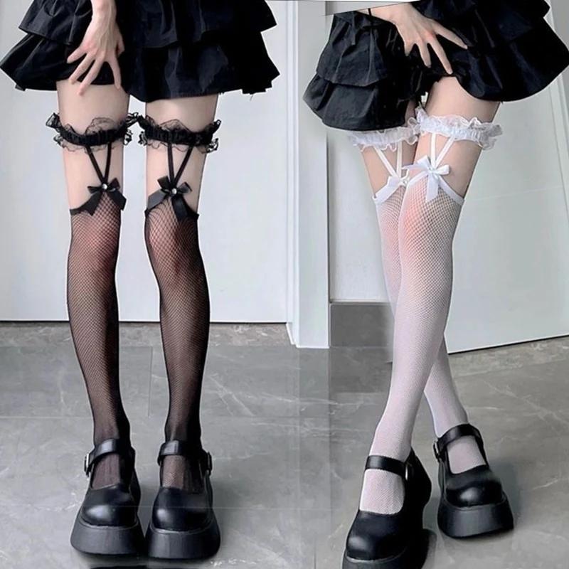 Sexy Sweet Over Knee Long Socks Women Girls Lolita Bowknot Thigh High Stockings Punk Lace Mesh Legging Hollow Fishnet Pantyhose