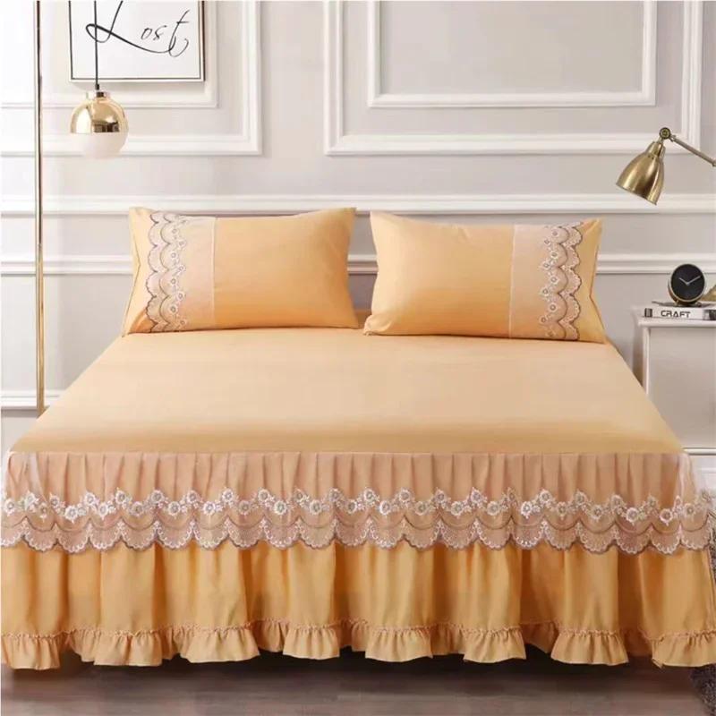 3pcs Bed Skirt Set with Ruffle Lace Anti Slip 1 8x2 0m Bed Cover Solid Mattress Dust Cover Pillowcase
