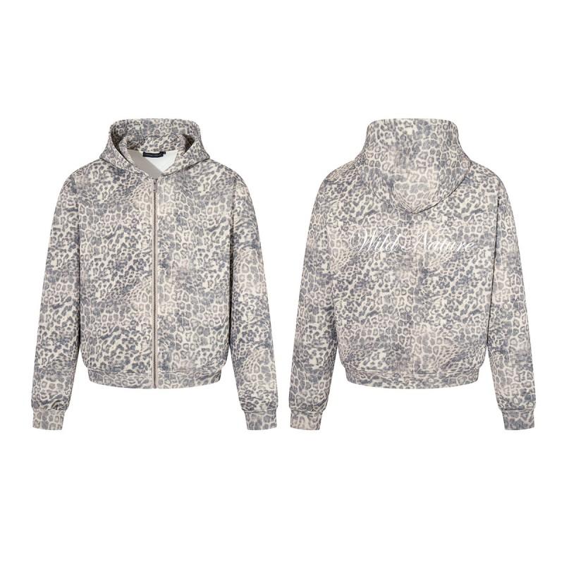 Mens Oversized Hooded Zip-Up Sweatshirt With Leopard Print Retro Streetwear Style