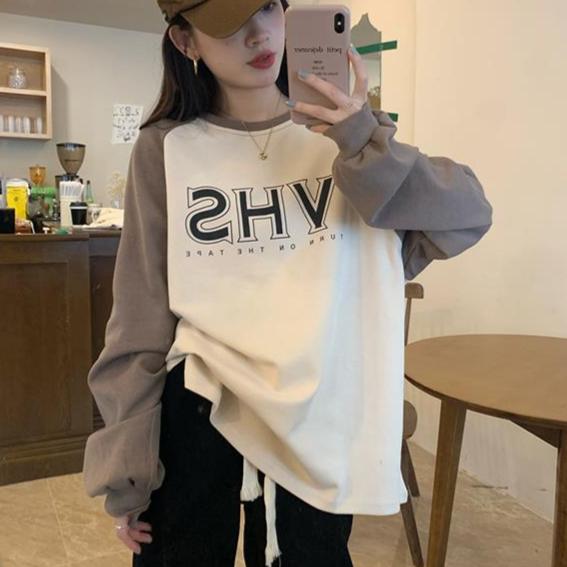 Plus Size Insert Color Splicing Printed Sweatshirt Women Long Sleeve Top