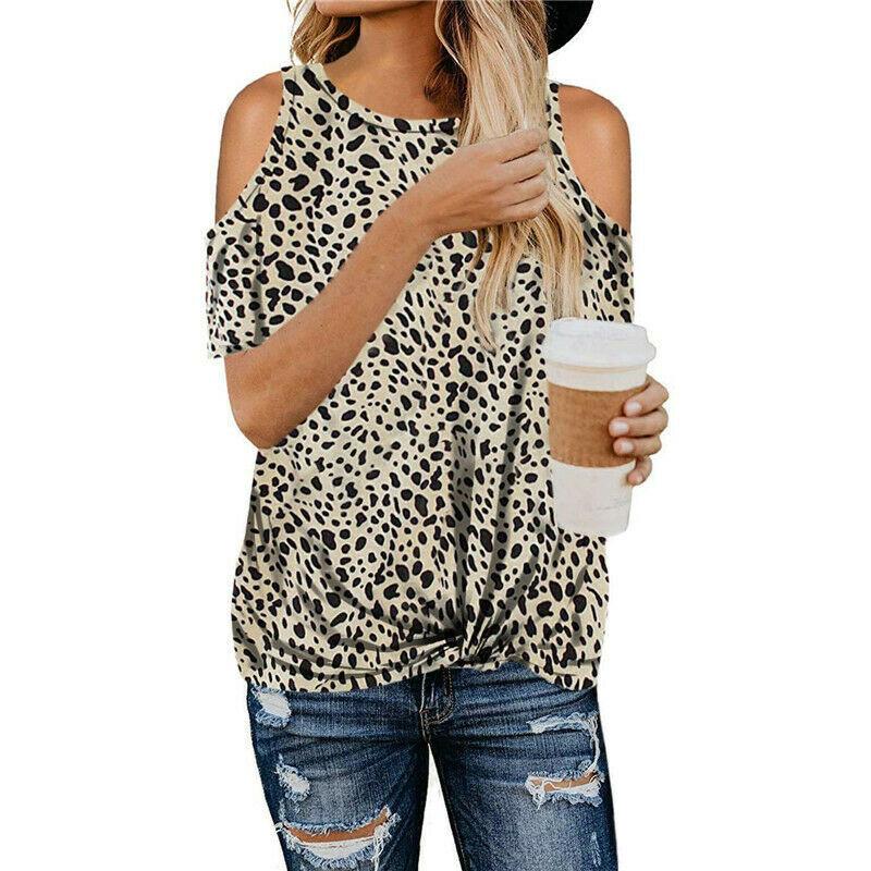 Stylish Women's Leopard Print T-shirt Featuring Cold Shoulder Design Perfect For Summer Wear