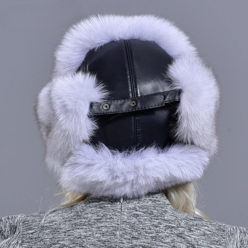 Winter Hats Earflaps Women Bomber Hats Natural Fox Fur Fluffy Female Girls Warm Sheepskin Windproof Russian Trapper Hats