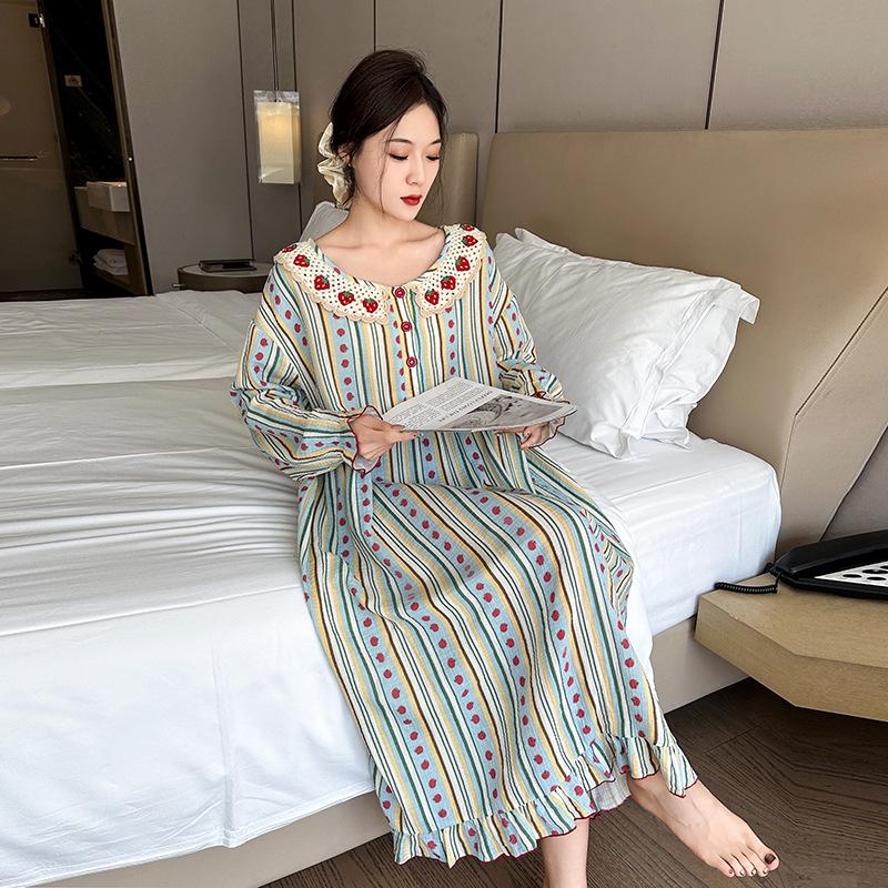 Осенняя ночная сорочка из чистого хлопка большого размера - Женская домашняя одежда и верхняя одежда с принтом оверсайз