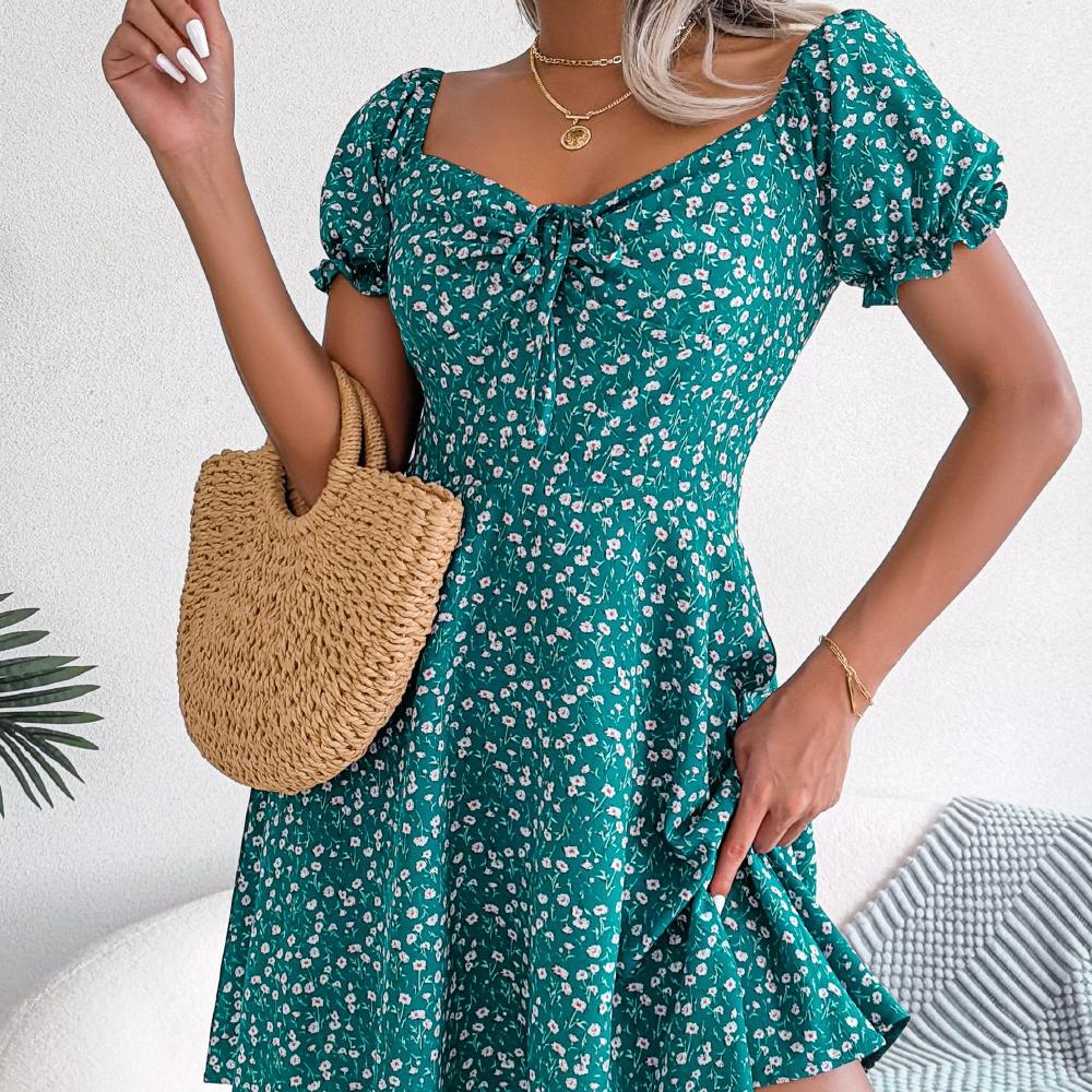 GMXIA Женская мода сплошной цвет с принтом Высокая талия Коктейльные и вечерние платья с коротким рукавом и квадратным воротником