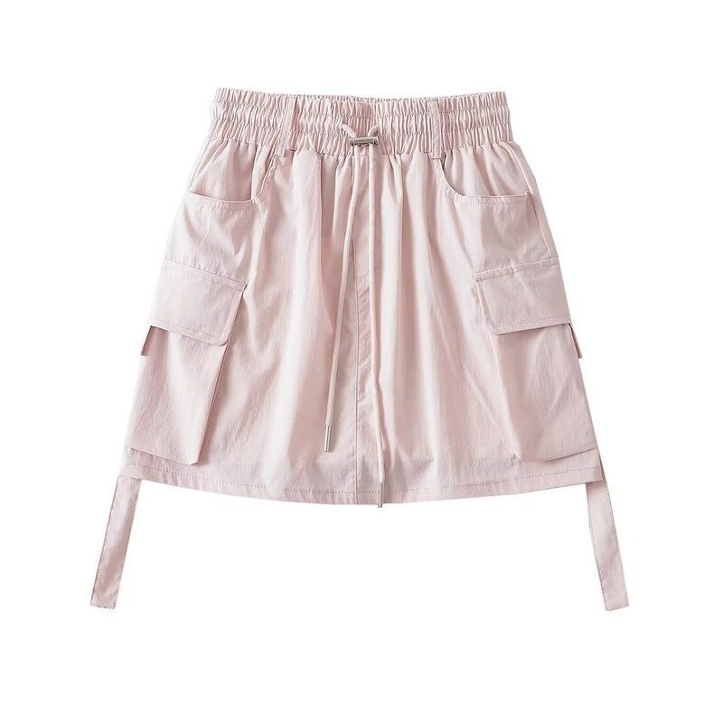 Fashion Style Summer New Fashion Trendy Easiest for Match Elastic Waist Drawstring Casual Fashion Tape Pocket Ribbon Suit Skirt
