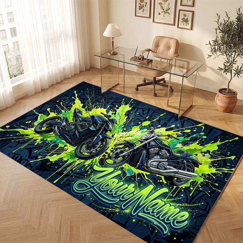 Motorcycle Biker Theme Soft Crystal Velvet Rug Custom Name & Text Print Non Slip Floor Rug for Bedroom Living Room