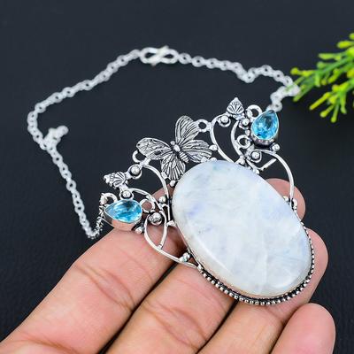 Радужный лунный камень, Топаз Драгоценный камень 925 Стерлинговое серебро Ювелирное ожерелье 18"