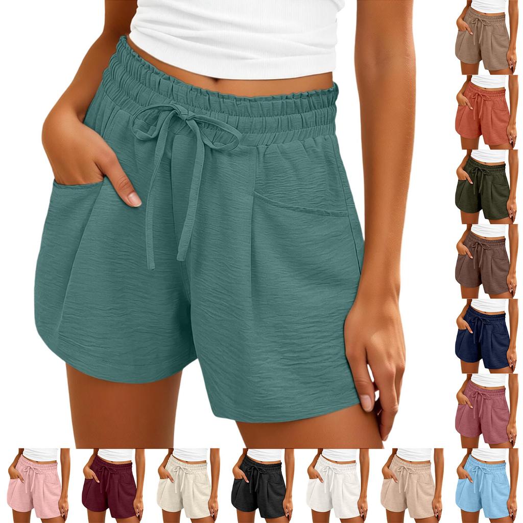 Women's Casual Ruffled Drawstring Shorts With Elastic Waistband And Pockets