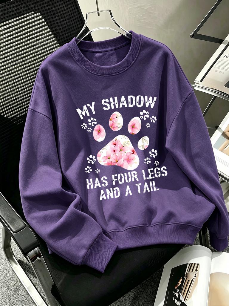 Cat Feet My Shadow Has Four Legs And A Tail Print Sweatshirt Women Casual Fleece Pullovers O-Neck Sportswear Autumn Loose Clothes