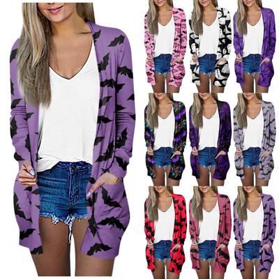 Женский повседневный кардиган, топ с длинными рукавами и карманами с принтом на Хэллоуин