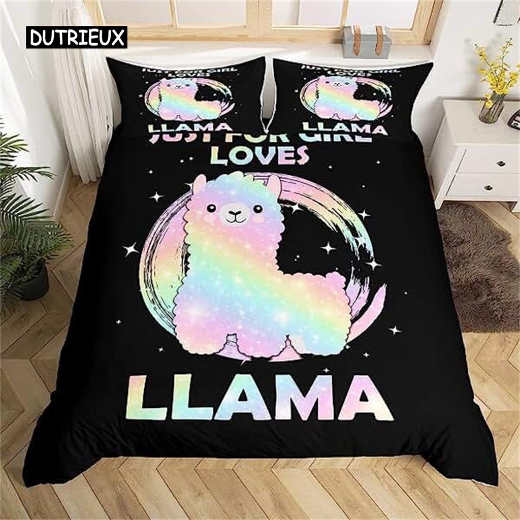 Cartoon Alpaca Duvet Cover Cute Bedding Collection Cartoon Llama Comforter Cover For Boys Girls Teens Animal Theme Bedroom Decor Green