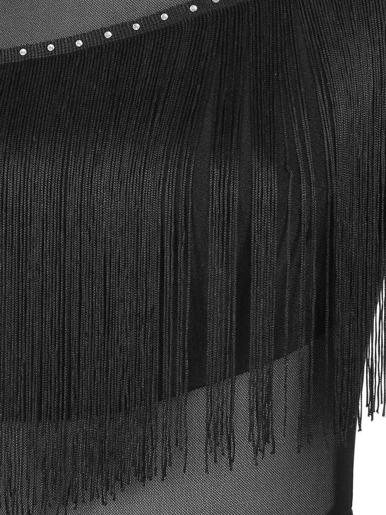 Womens Tango Dance Dress Oblique Shoulder Fringed Design with Sheer Mesh Patchwork and Irregular Hem Latin Costume