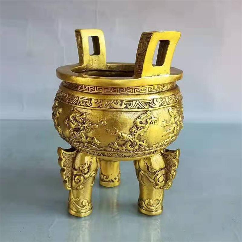 Brass Nine-Claw Qinglong Incense Burner Three-Legged Pattern Dragon Round Tripod Craft Ornament
