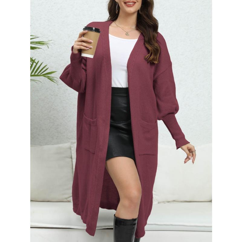 Women's Sweater Cardigan Long Loose Jacket Double Pocket Lantern Sleeve Sweater Cardigan