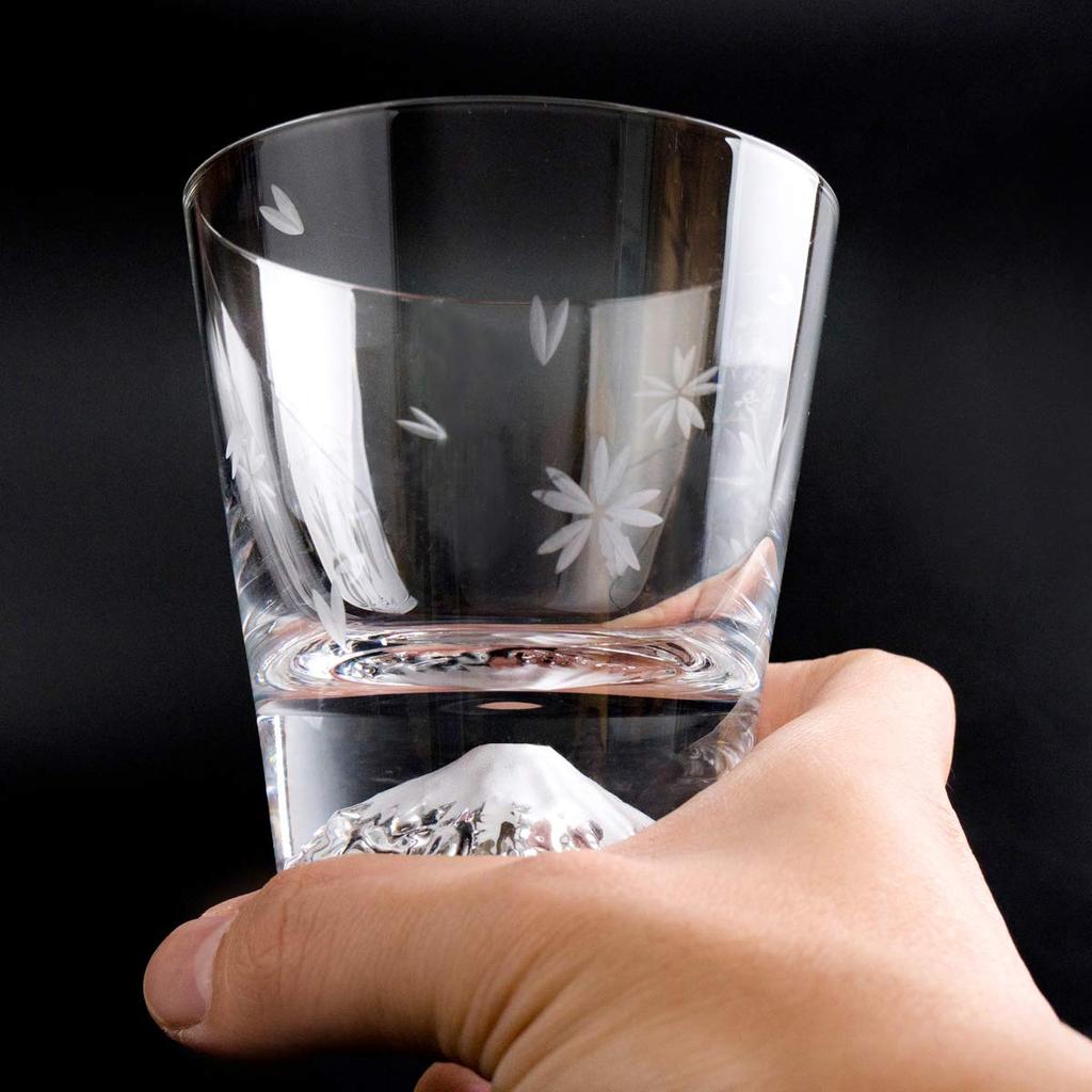 Fuji Fuji Pair Set of 2 Fuji Rocks Glasses and Sakura Fuji Rocks Glasses Edo Glass Fuji and Cherry Blossom Design Whiskey Glasses with a Postcard from