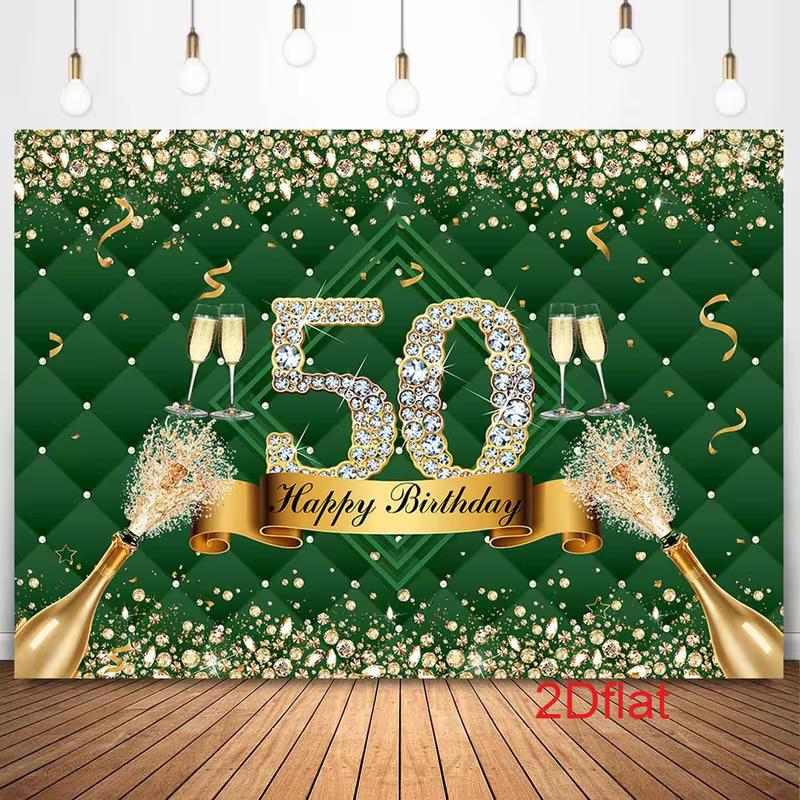 2D Green Gold 50th Birthday Champagne Backdrop Banner