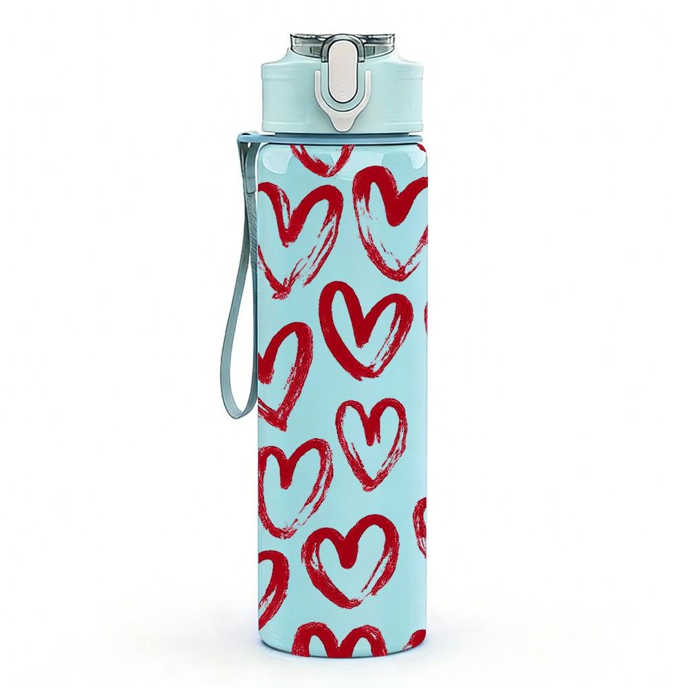 1PC Red White Heart Love Seamless Print 750ml Color Plastic Sports Water Bottle Leakproof Flip Straw Lid Suitable for Sports Office Home Use