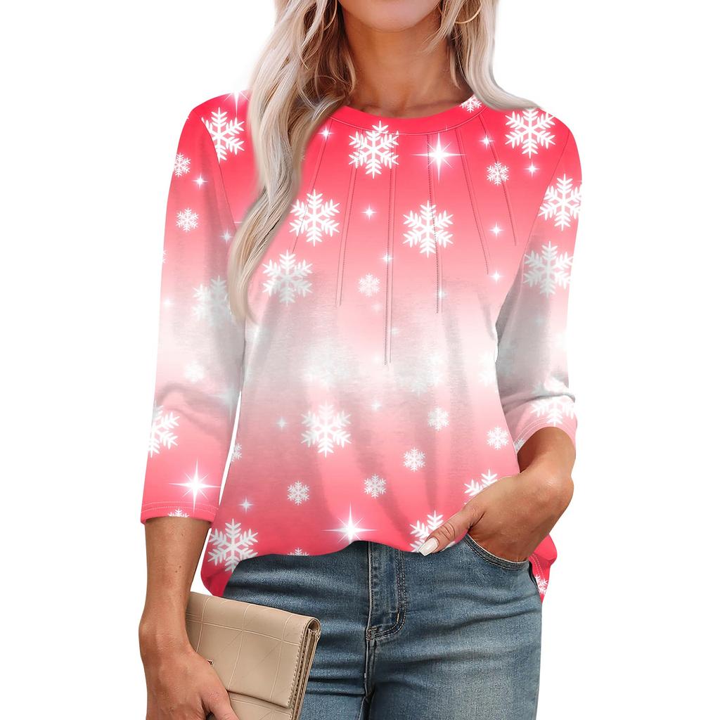 Женская модная футболка с круглым вырезом и рукавом 3/4 с принтом, повседневная, базовая, плиссированная, пуловер