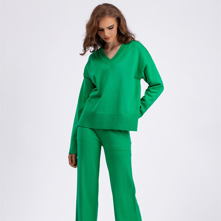 Осенне-зимний вязаный свитер, женский свободный джемпер с V-образным вырезом, брюки, комплекты из двух предметов