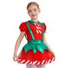 Girls Christmas Tutu Dress Puff Sleeve Hollow Back Bow Stripes Design Suspender Jumpsuit Dance Leotard