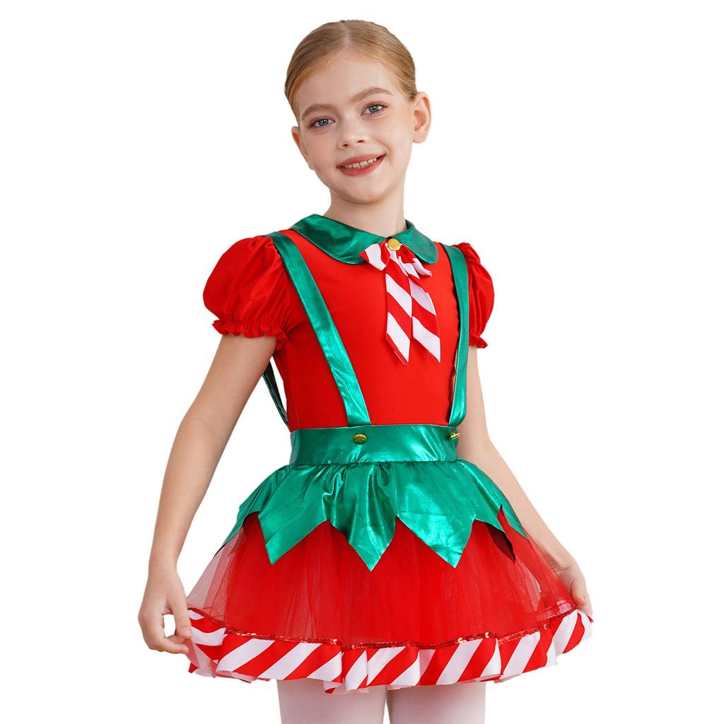 Girls Christmas Tutu Dress Puff Sleeve Hollow Back Bow Stripes Design Suspender Jumpsuit Dance Leotard