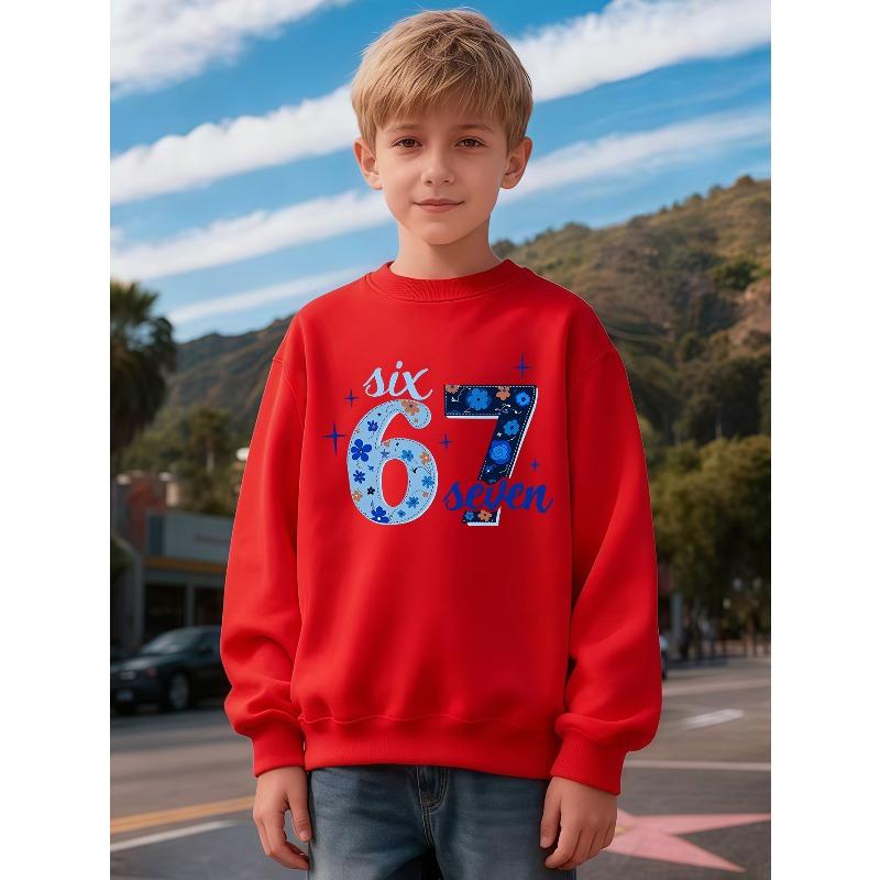 Kids Unisex Crewneck Sweatshirt, Light & Dark Blue Floral Stitch 67 Six Seven Star Print Long Sleeve Pullover, Soft Sweatshirts for Boys Girls Ages 4+