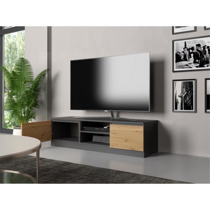 TIVOLI - Meuble TV style moderne - 140x40x36cm - 2 niches + 2 portes - Rangement matériel télé/audio