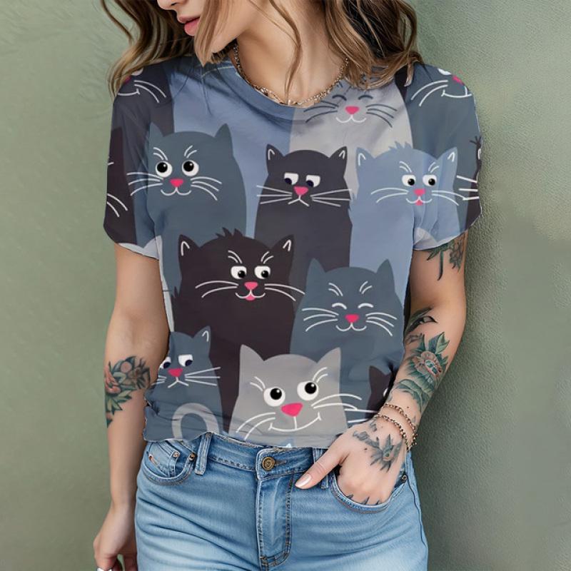Женская футболка Comic Cat с 3D принтом Harajuku, летняя футболка с короткими рукавами и круглым вырезом, повседневная женская футболка большого размера Coolred с коротким рукавом