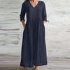Women's Pocket V Neck Quarter Sleeve Pleated Long Dresses