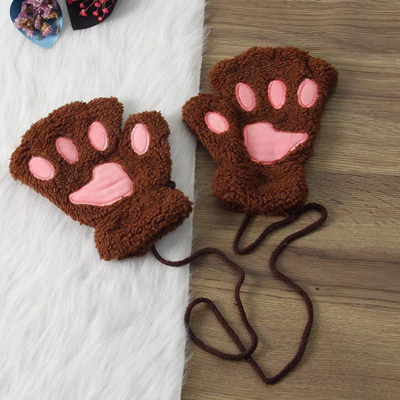 Winter Cute Cartoon Half-Finger Fleece Gloves for Women, Bear & Cat Paw Design.