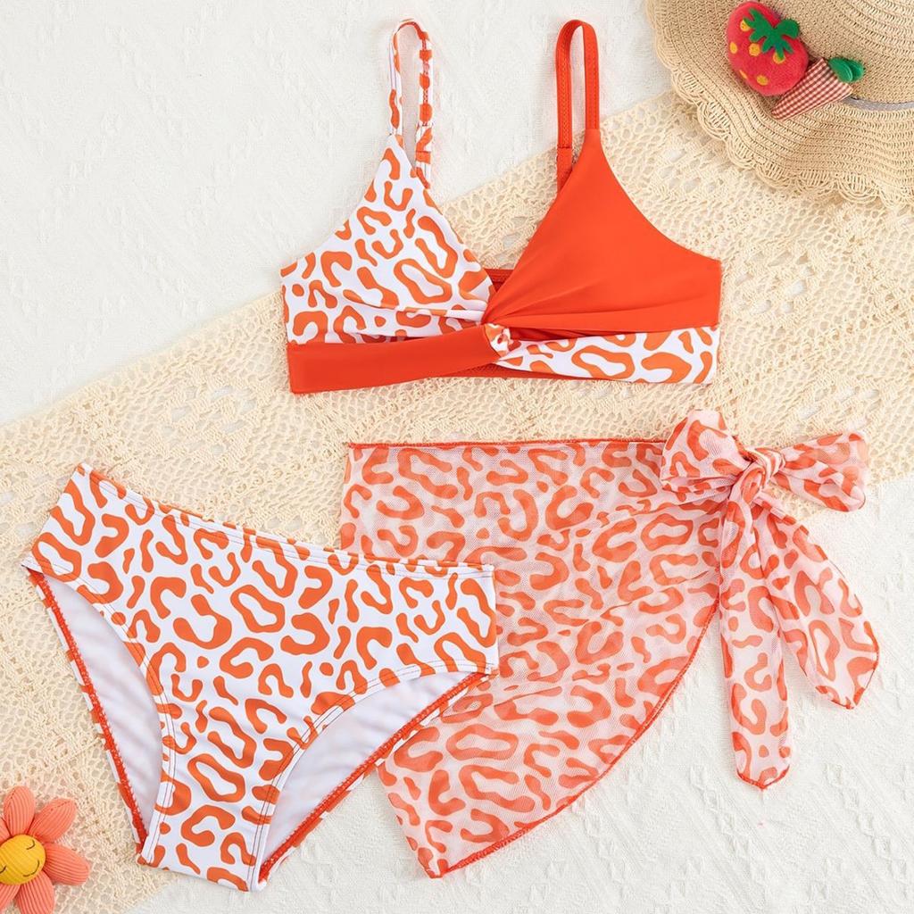 Комплект из 3 купальников для девочек: топ бикини с плавками и юбкой, детские цветы, регулируемые бретели, бюстье, летний, красивый, быстросохнущий, милый