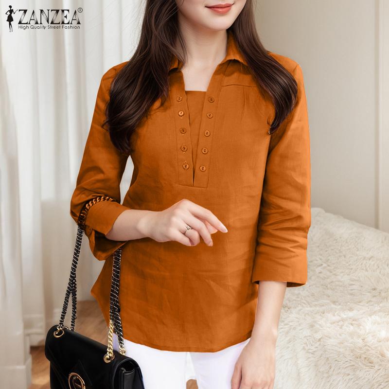 ZANZEA Женская блузка с отложным воротником, однотонная, повседневная, с рукавом 3/4