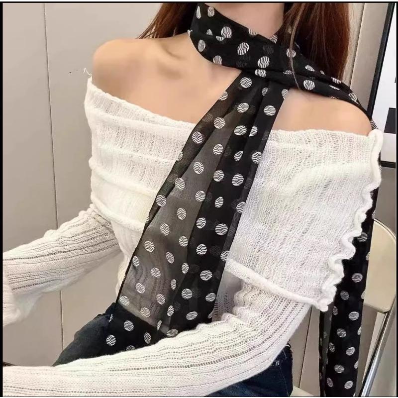 Women French Retro Polka Dot Long Narrow Neck Scarf For Women