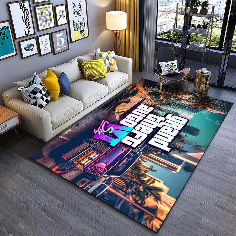 "Grand Theft Auto VI Neon Cityscape Design Non-slip rug suitable for living room and bedroom sofas"