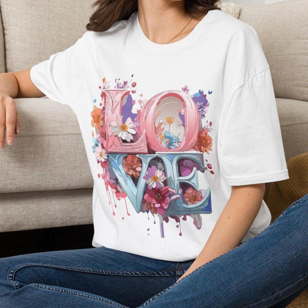 Floral LOVE T-Shirt | Pink Watercolor Flowers Love Tee Gift for her Mom Grandma Family Friend Sister Crew Team Party Aunt