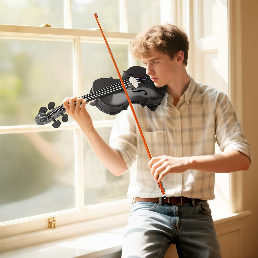 4/4 Spruce and Maple Violin with Case, Bow, Shoulder Rest, and Rosin. Black