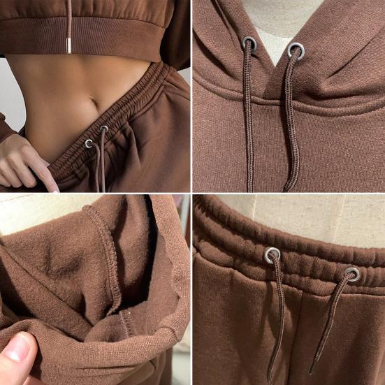 2 Pcs/Set Women Fall Hoodie Pants Set Long Sleeve Thick Hooded Short Top Drawstring Elastic Waist