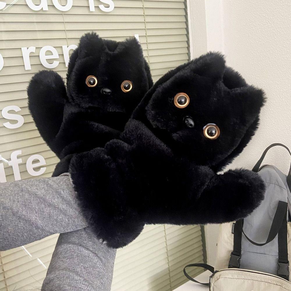 Cartoon Black Cat Fur Gloves Cute Cat Halter Gloves Soft Kitty Mitten  Riding