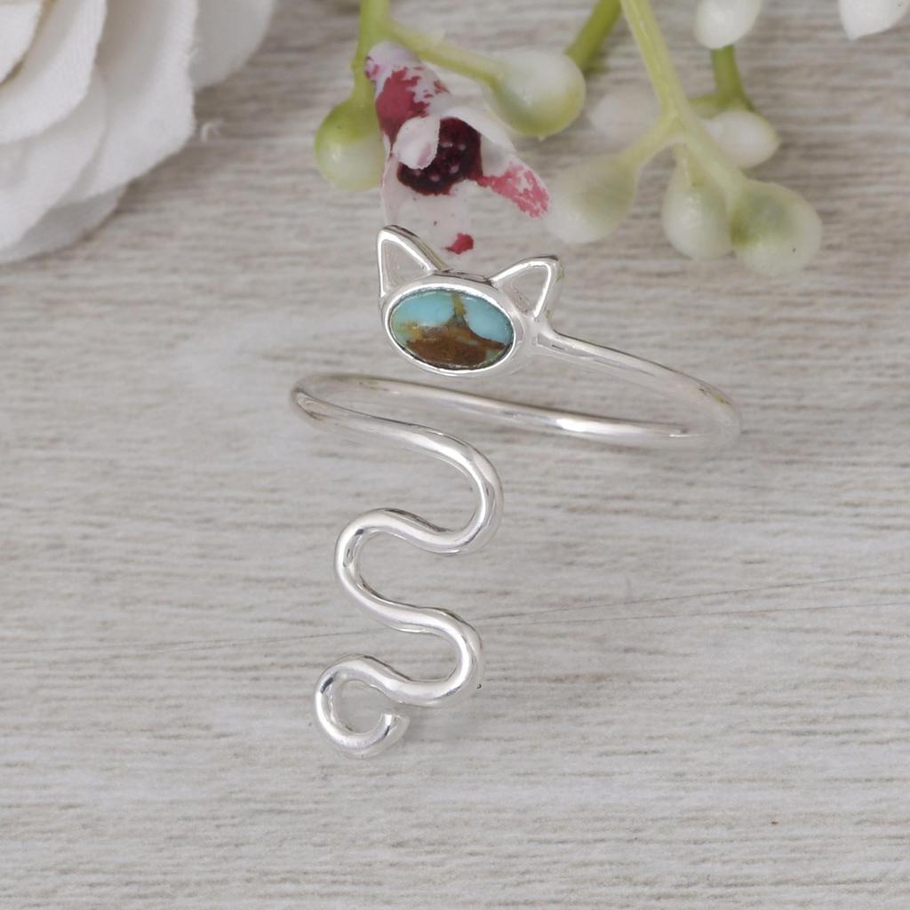 Turquoise Snake Wrap Ring | Adjustable Silver Cat Ring | Cute Animal Jewelry Gift for Women