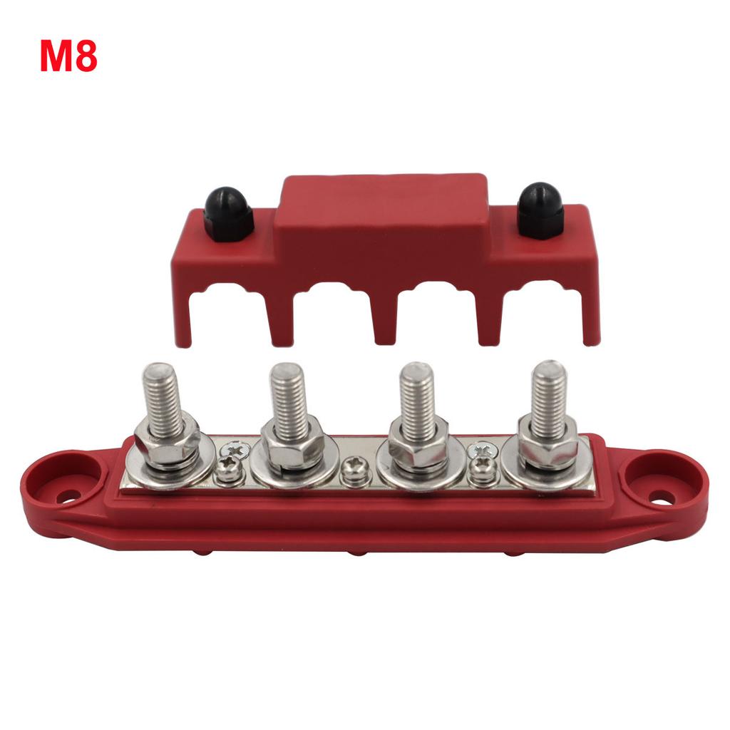 12V Power Distribution Block 250A Bus Bar Terminal Block with Cover 4 X 3/8" Terminal Studs 3 X #8 Terminal Screw 48VDC 300VAC