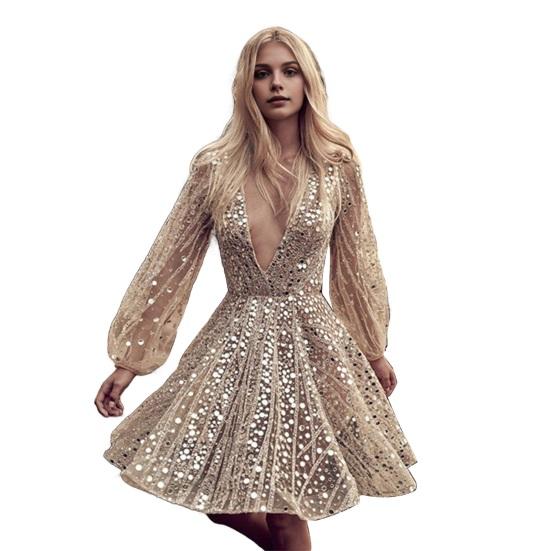 Вечернее платье с глубоким V-образным вырезом, прозрачным сетчатым платьем А-силуэта, коротким платьем с длинными рукавами-фонариками для выпускного вечера и коктейльной вечеринки