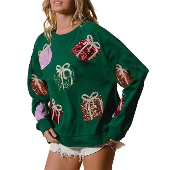 Women Christmas Sweatshirt Sequin Gift Box Pattern Colorful Round Neck Long Sleeve Loose Mid Length Pullover Party Holiday Top