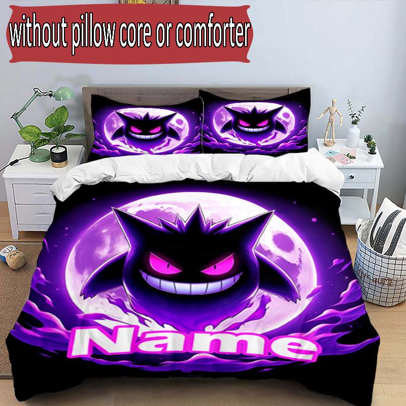 3pcs Duvet Cover Set (1*Duvet Cover + 2*Pillowcase, Without Core), Custom Name Gengar Pattern Bedding Set, Home Bedroom Decor Gift