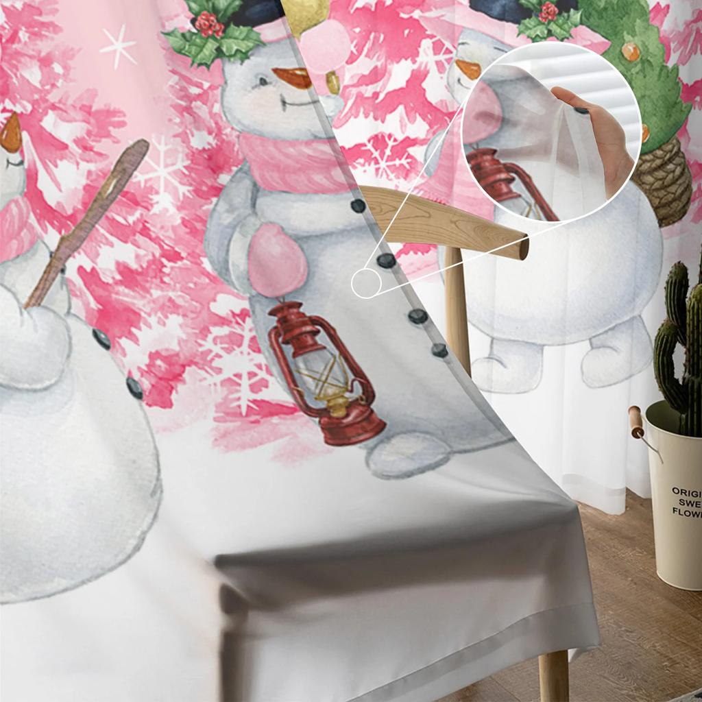 Christmas Tree Snowflake Pine Snowman Pink Sheer Curtains Living Room Decoration Window Curtains Kitchen Tulle Voile Curtains