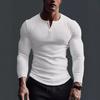 Spring Autumn Men Top Buttoned V Neck Slim Fit Stretchy Mid Length Tee Long Sleeves Pullover Sweatshirt for Home Sports Gym Street Wear
